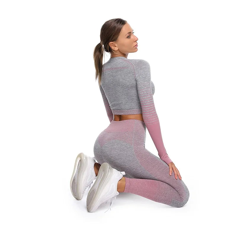 Ensemble à Manches Longues Ombré Seamless : Tenue de Fitness Haute Taille pour Femme