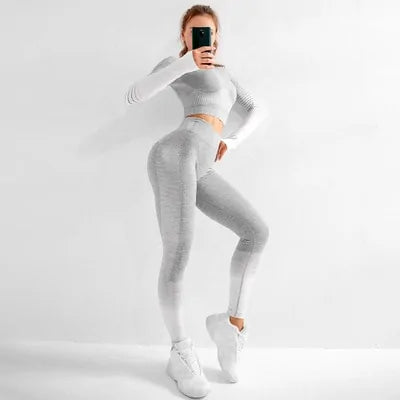 Ensemble à Manches Longues Ombré Seamless : Tenue de Fitness Haute Taille pour Femme