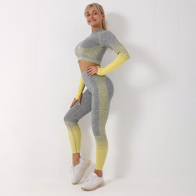 Ensemble à Manches Longues Ombré Seamless : Tenue de Fitness Haute Taille pour Femme