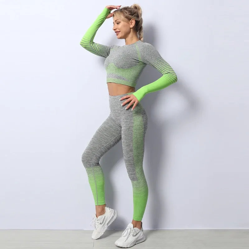 Ensemble à Manches Longues Ombré Seamless : Tenue de Fitness Haute Taille pour Femme