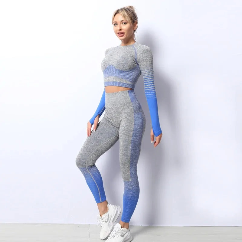 Ensemble à Manches Longues Ombré Seamless : Tenue de Fitness Haute Taille pour Femme